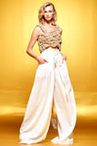 Metallic Hand Weaved Cord Detailed Faille Crop Top with Wide-Leg Pant