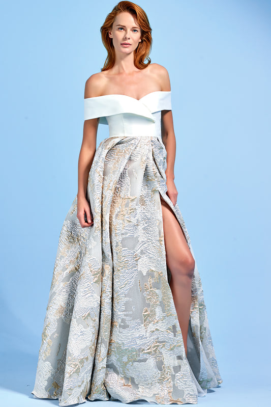 Metallic Burn-Out Organza and Taffeta Slit Long Dress