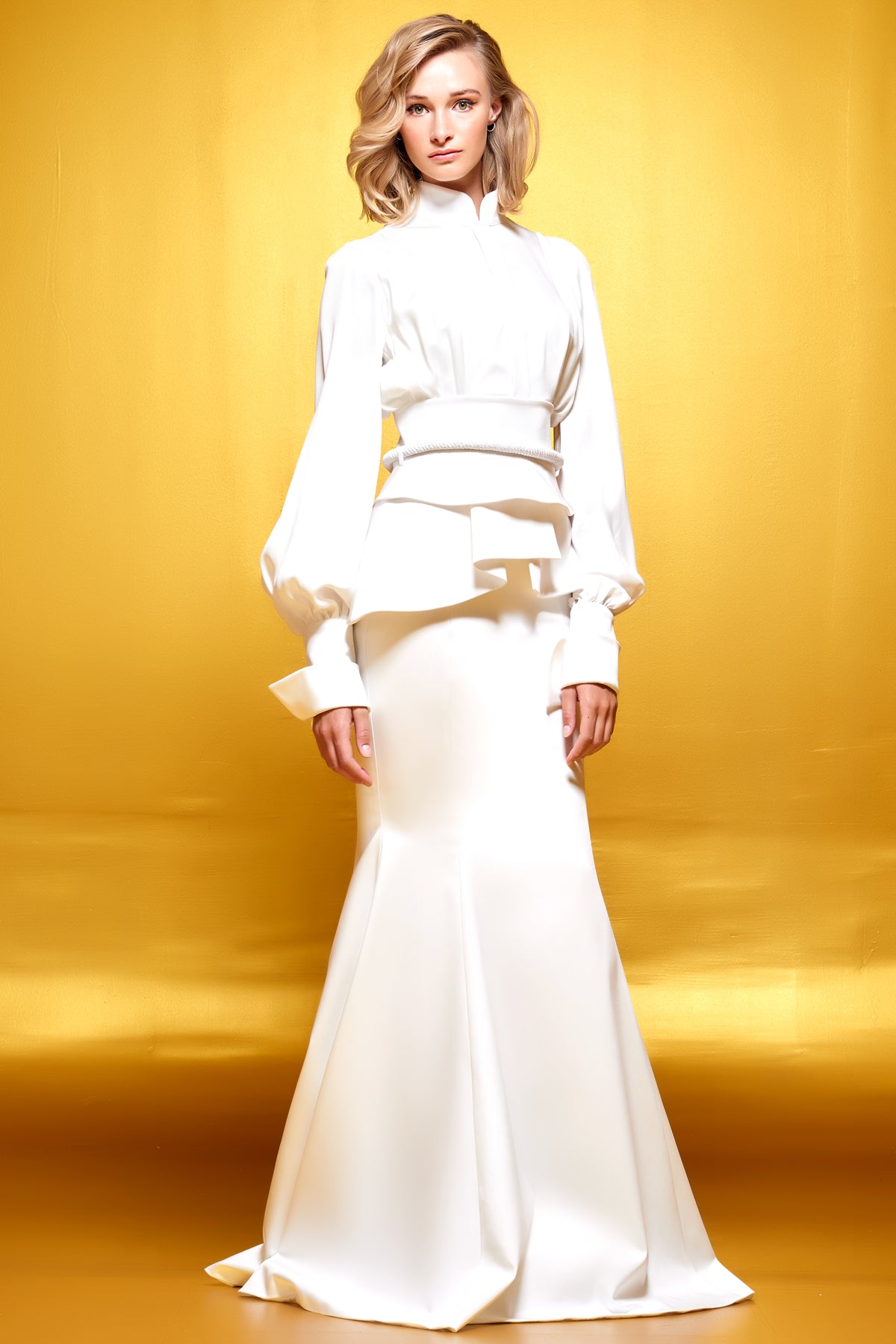 Faille Peplum Detailed Viscose Long Dress with Metallic Cord Belt