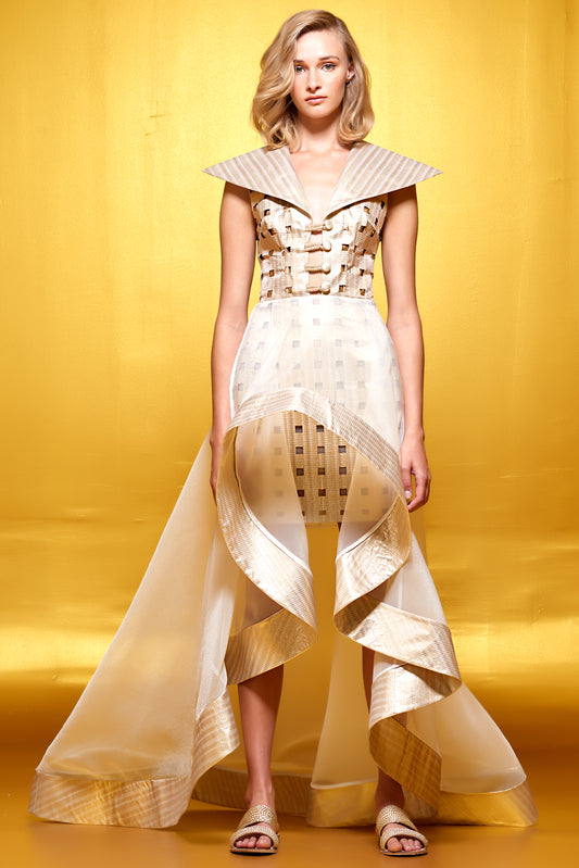 Metallic Jacquard Laser-Cut Organza Dress