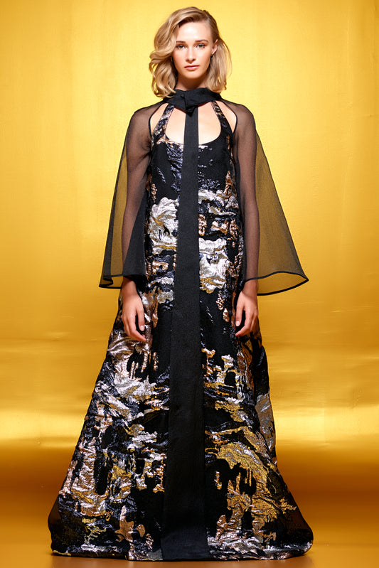 Metallic Burn-Out Organza Long Dress with Organza Detail