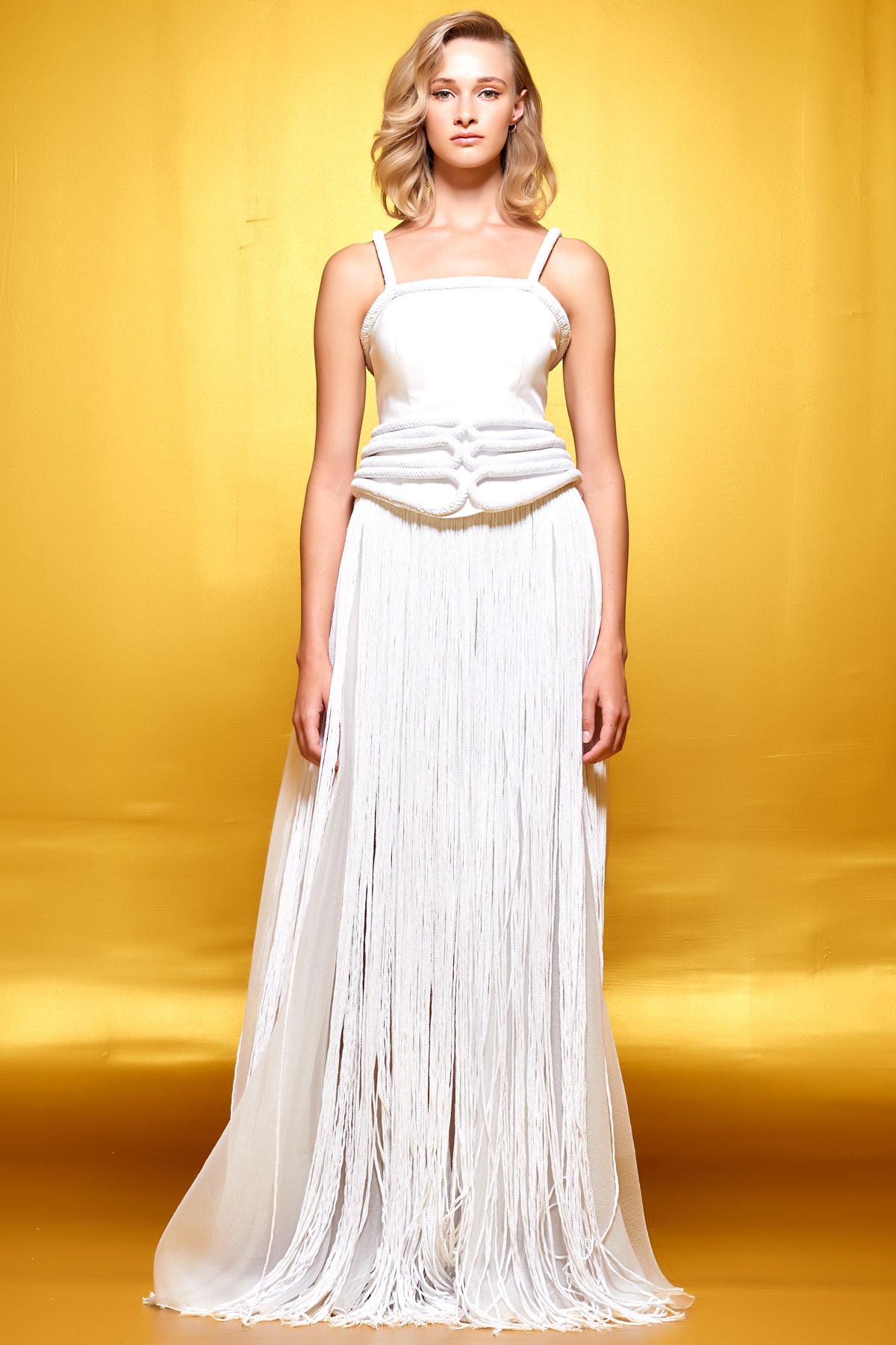 Metallic Cord Detailed Organza Long Dress with Fringes