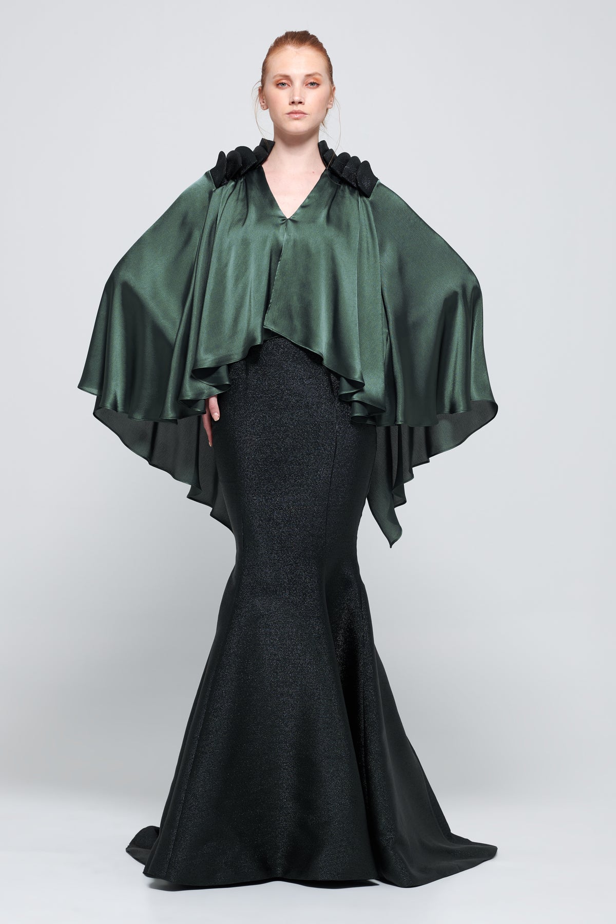 Cape-Effect Silk Satin and Jacquard Gown