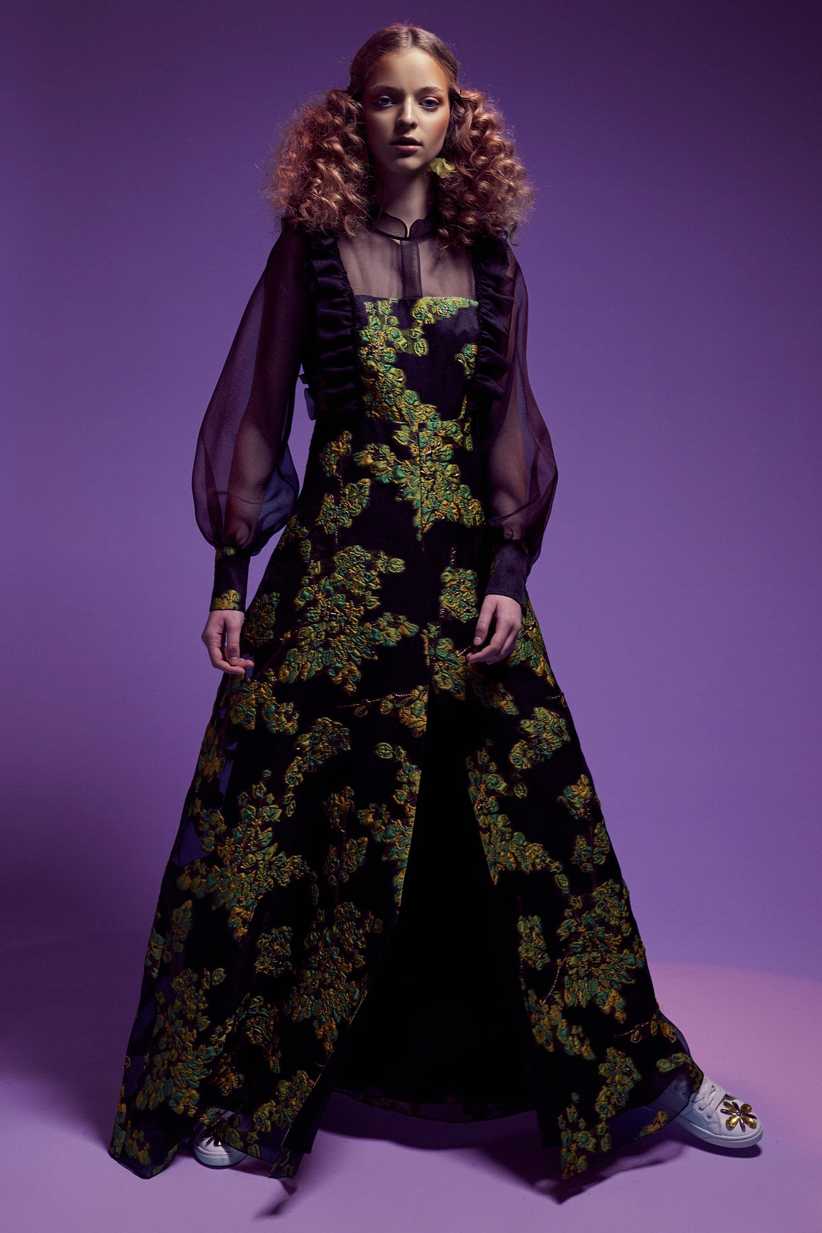 Ruffled Floral Jacquard Dress