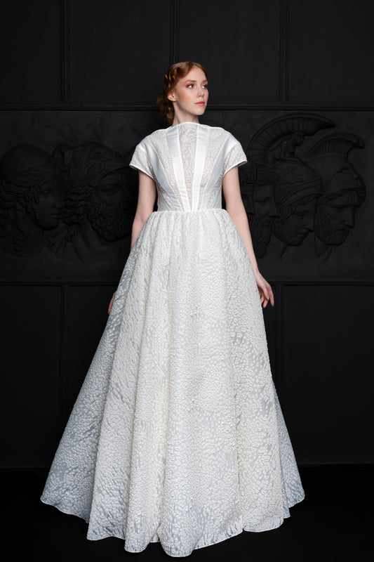 Cap Sleeves Full A-Line Floral Jacquard Bridal Gown