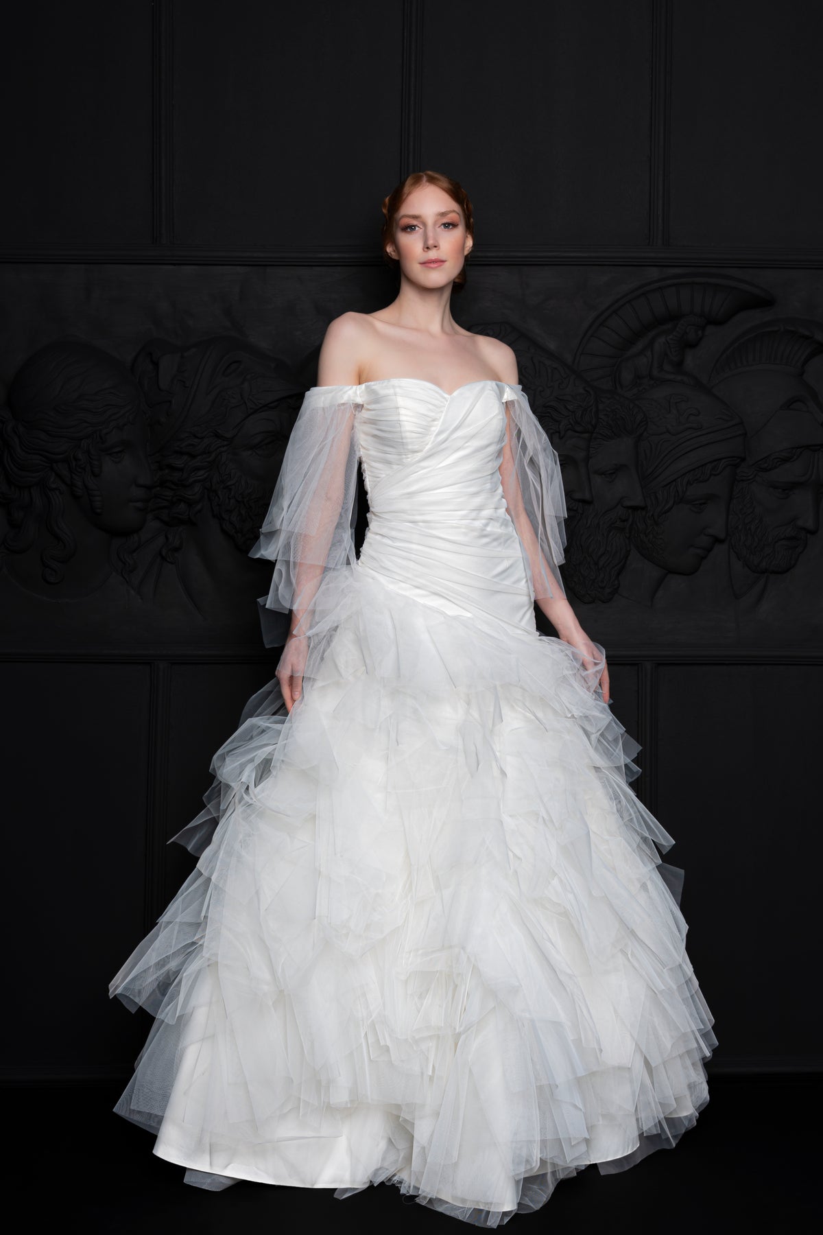 Off The Shoulder A-Line Silhouette Layered Ruffled Bridal Gown Black Off The Shoulder A-Line Silhouette Layered Ruffled Bridal Gown Black