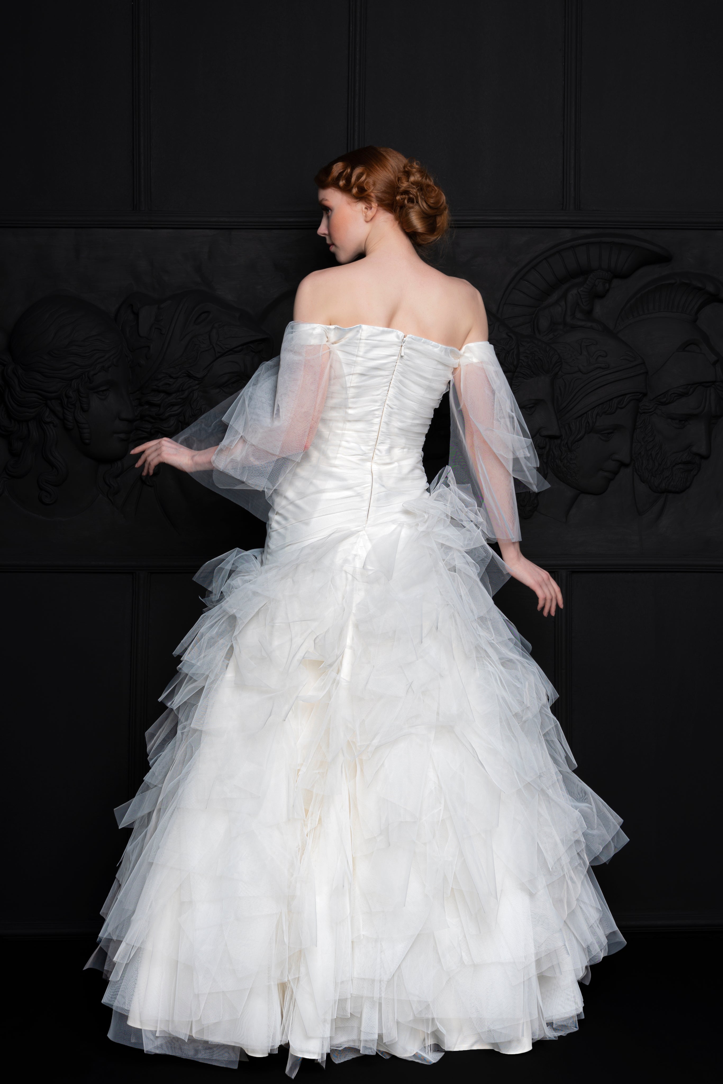 Off The Shoulder A-Line Silhouette Layered Ruffled Bridal Gown Black Off The Shoulder A-Line Silhouette Layered Ruffled Bridal Gown Black