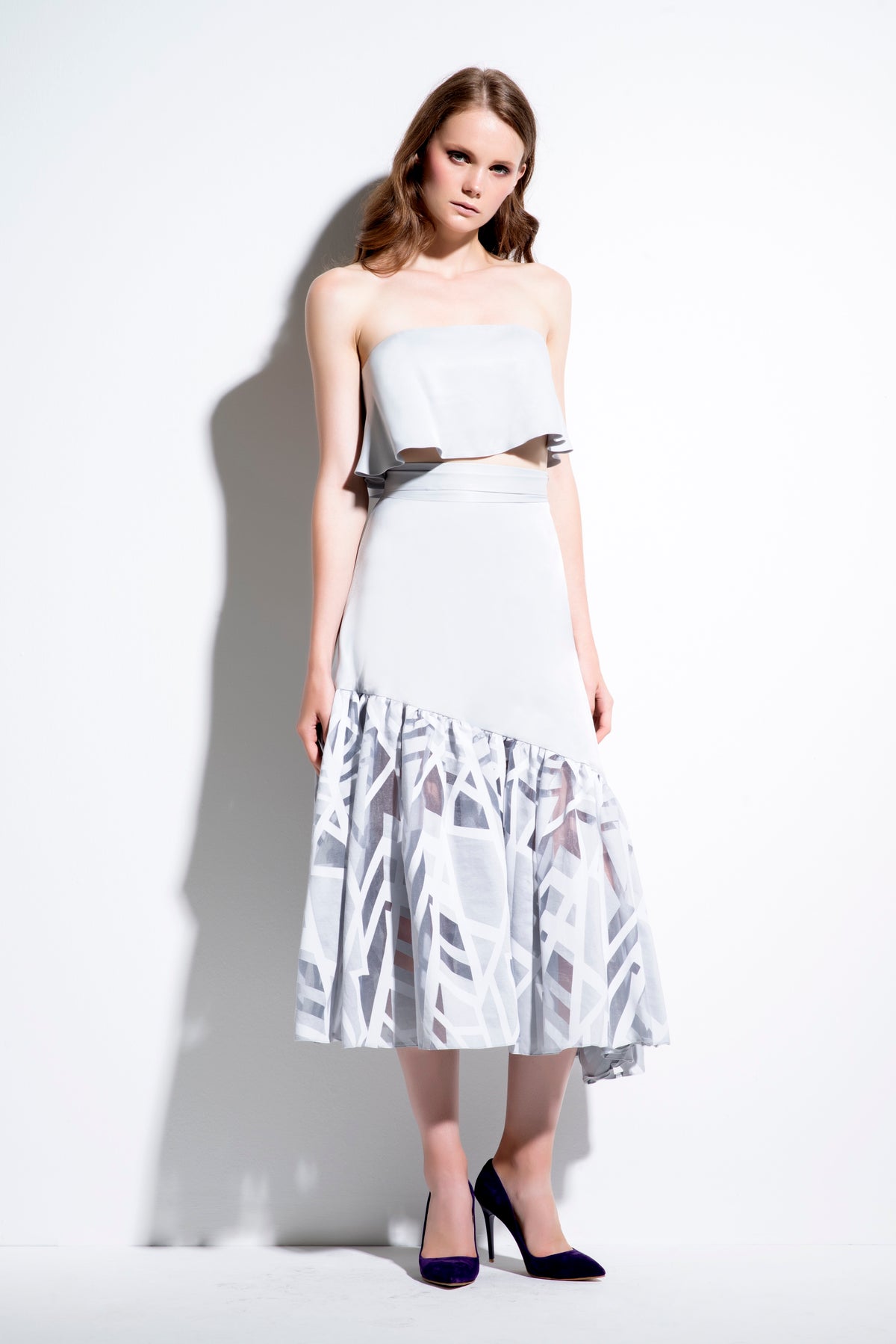 Strapless Ruffled Viscose Satin Crop Top with Devore Organza and Satin Skirt