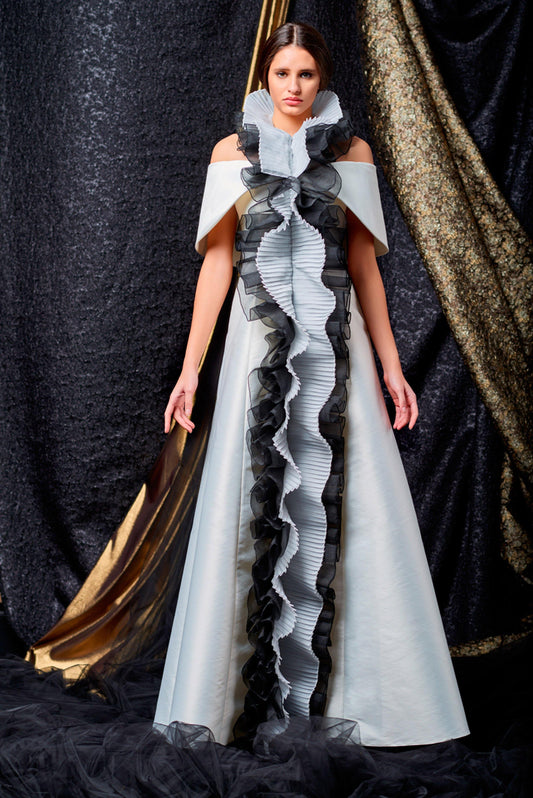Pleated Organza Detailed Taffeta Long Dress