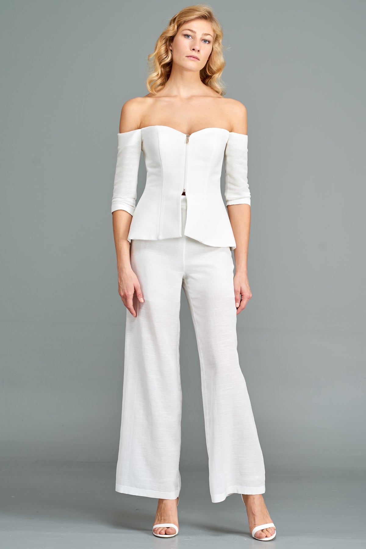 Off-Shoulder Cotton Top with High-Waisted Classic Pant