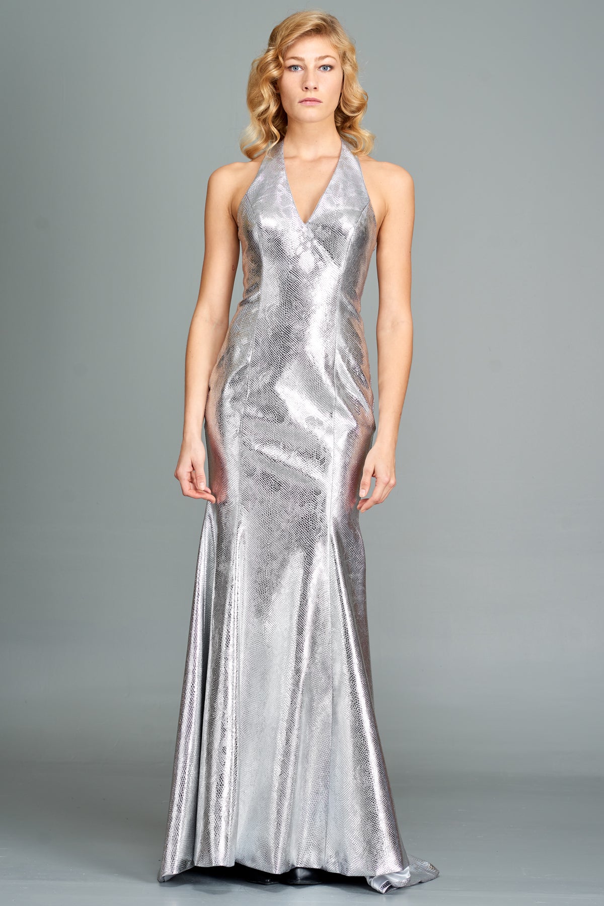 Halter Neckline Metallic Leatherette Gown