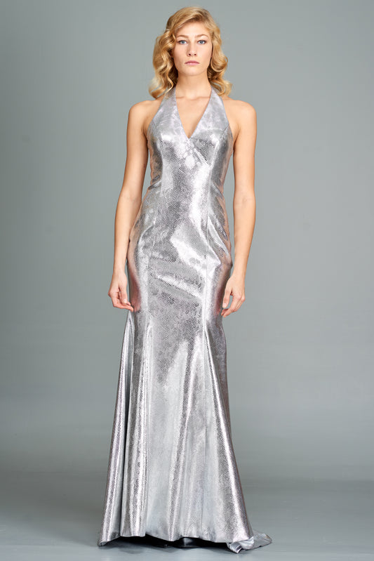 Halter Neckline Metallic Leatherette Gown