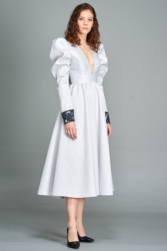 Puffed-Sleeve Taffeta Midi Dress