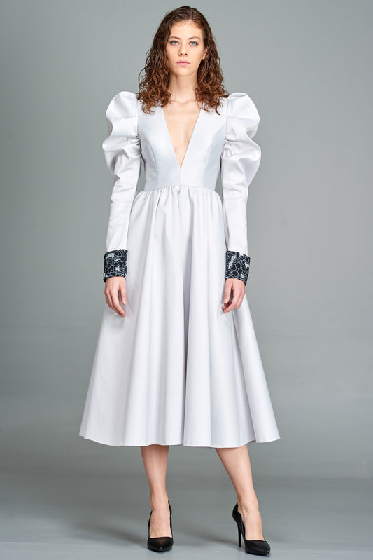 Puffed-Sleeve Taffeta Midi Dress