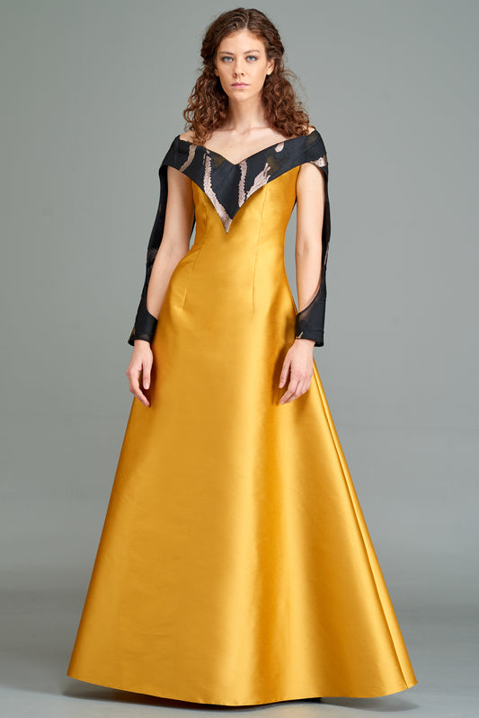 Fil Coupe Sleeve Long Taffeta Gown