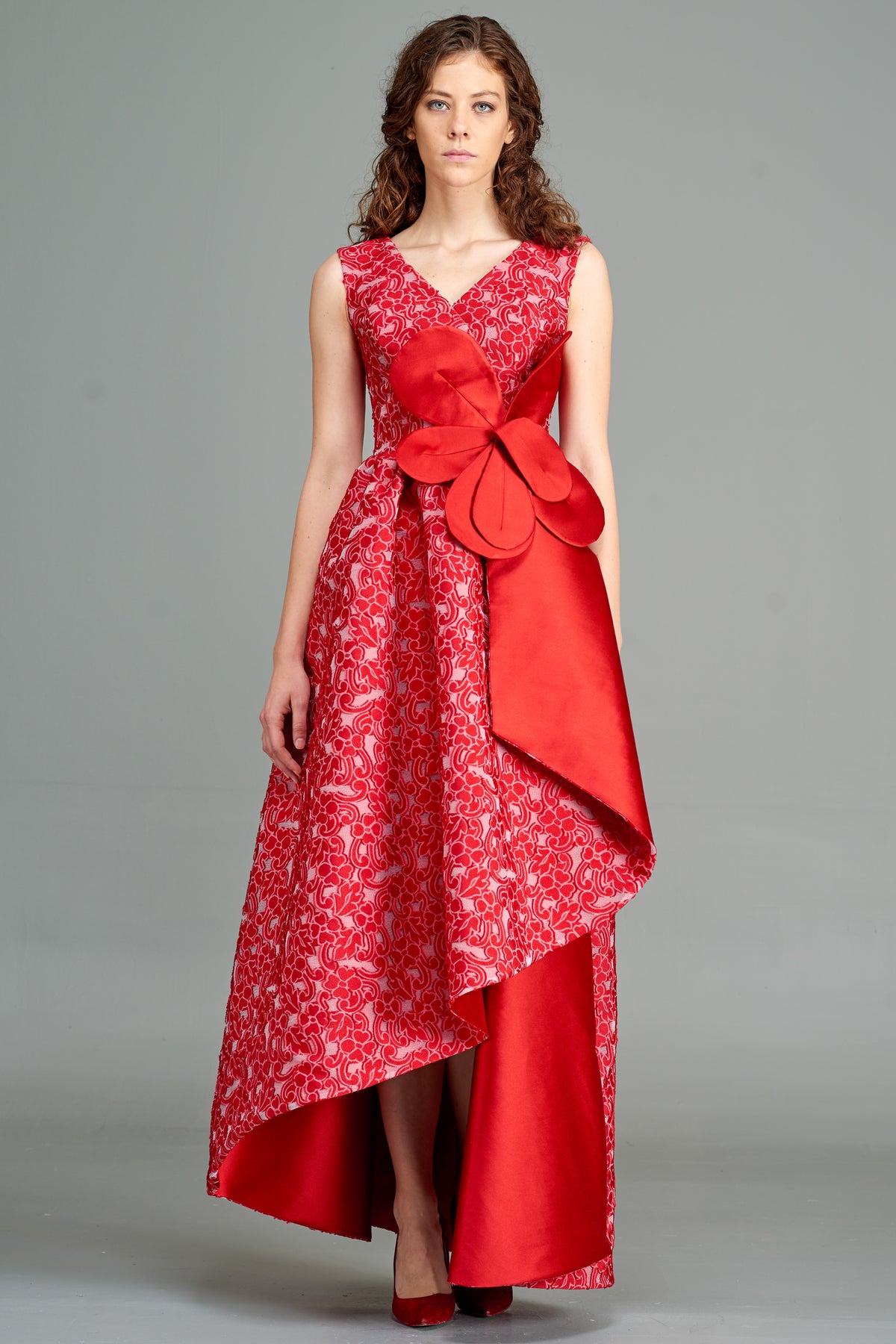 Asymmetrical Taffeta Dress with Flower Detail