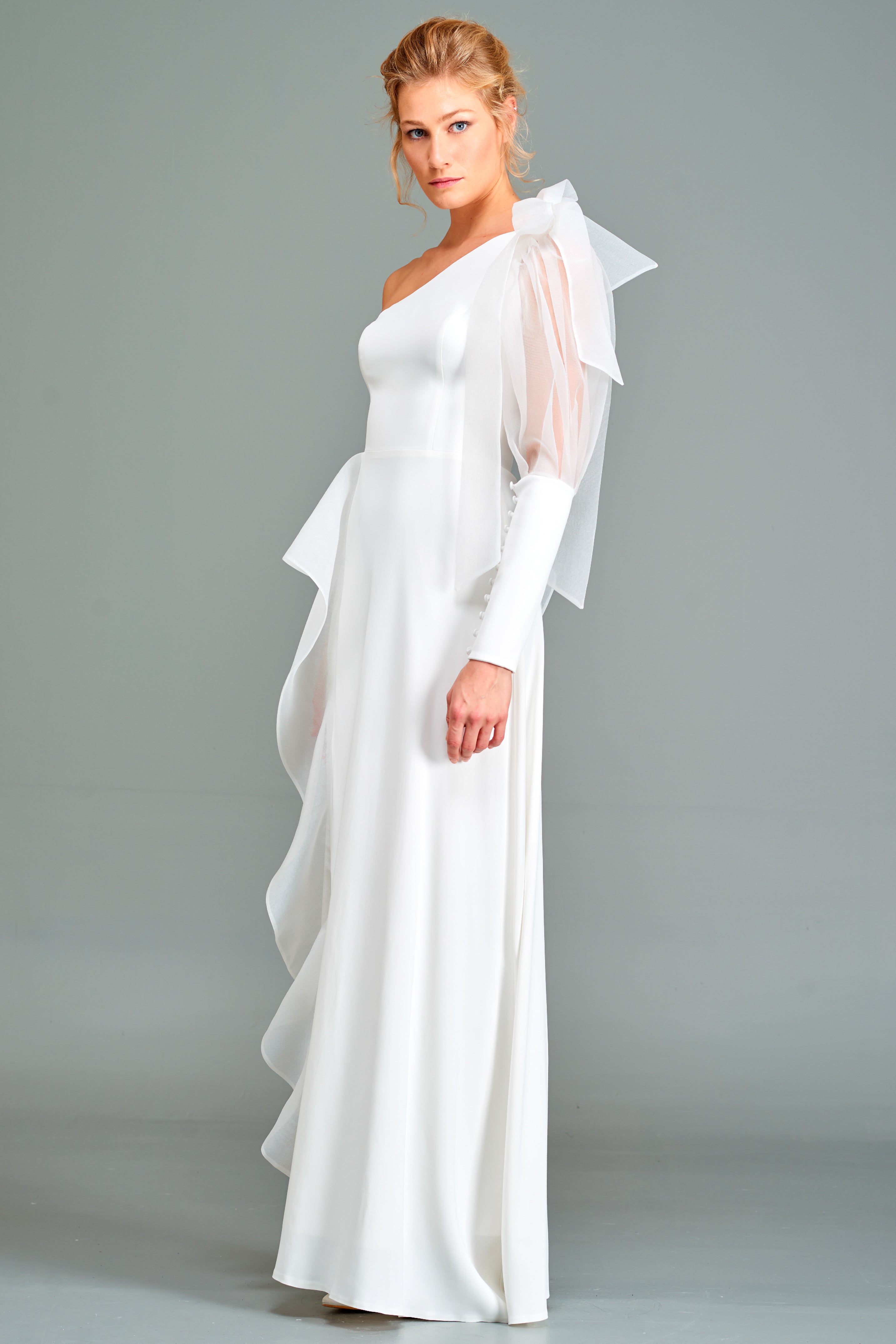 Asymmetric Gown with Ruffle Detail