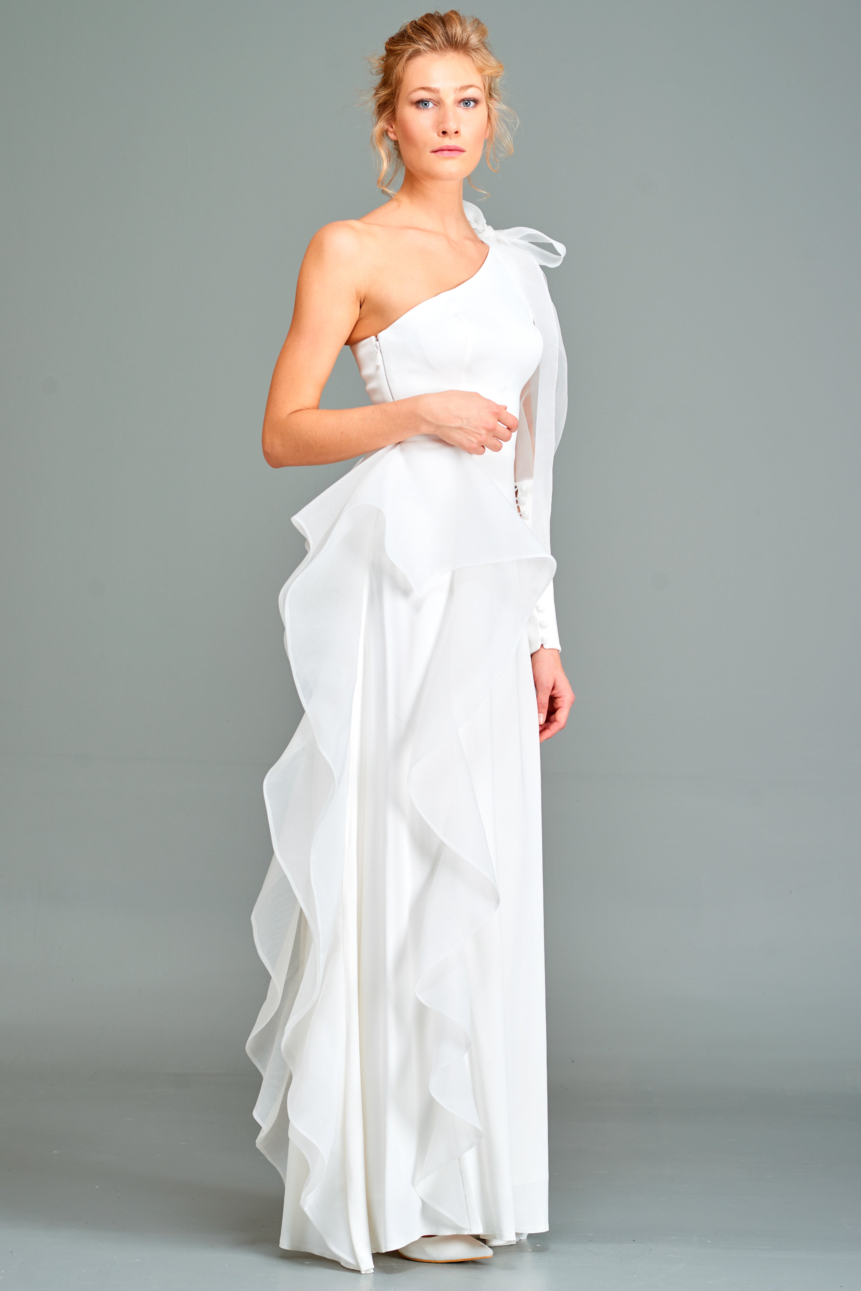 Asymmetric Gown with Ruffle Detail
