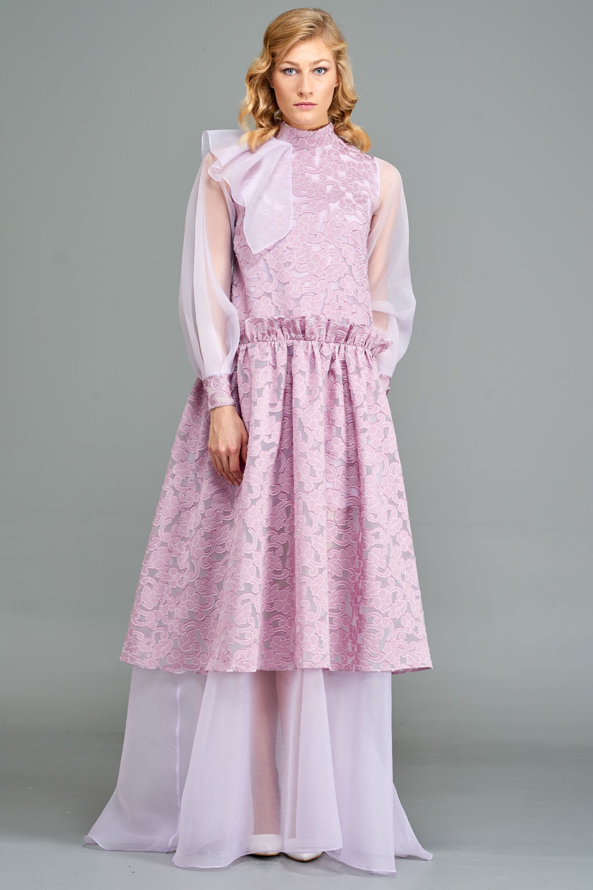 Gown with Long Organza Sleeves and Detail