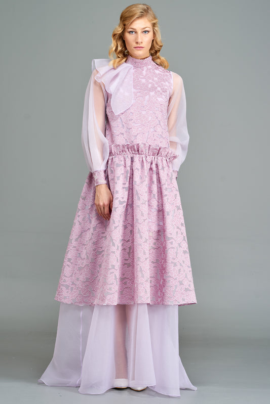Gown with Long Organza Sleeves and Detail