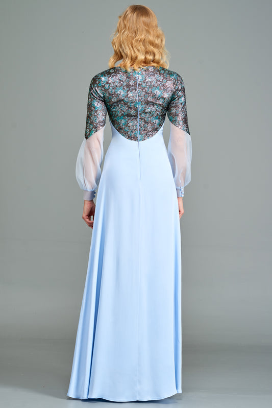 Long Satin Gown with Metallic Detail