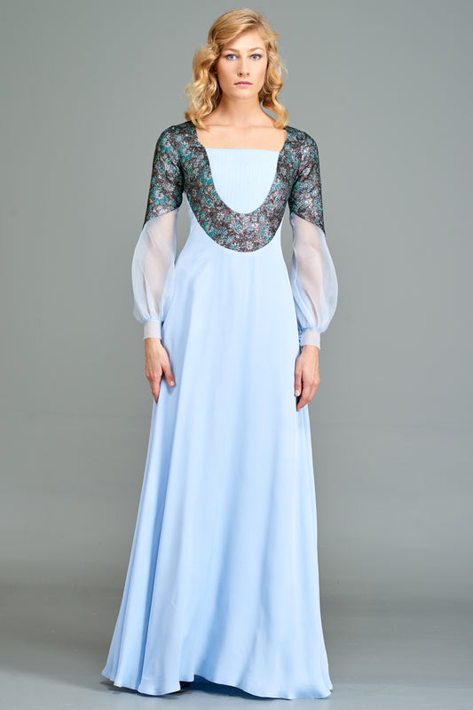 Long Satin Gown with Metallic Detail