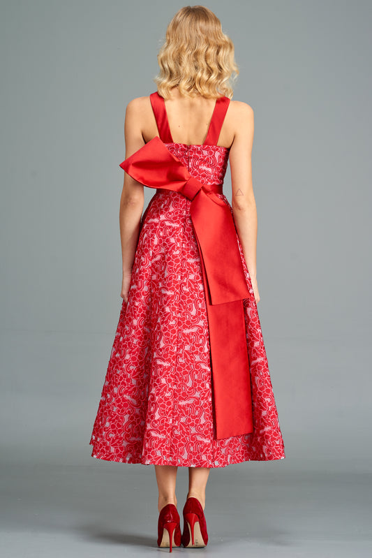 High-Neck Midi Dress with Bow