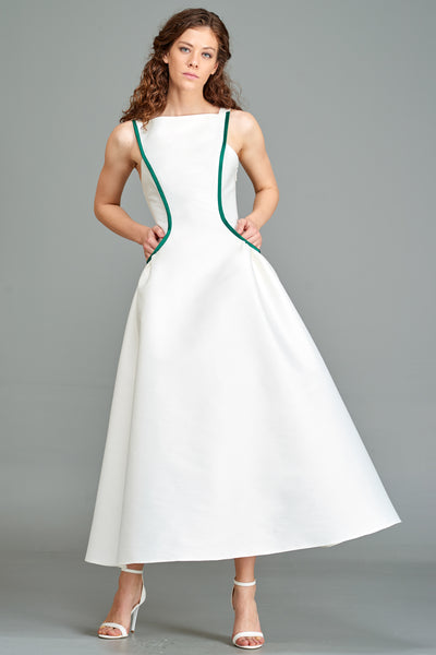 white dress with black piping Piping Detailed Taffeta Midi Dress