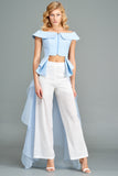 Off-Shoulder Cotton Twill Organza Top with Classic Wide Jacquard Pant