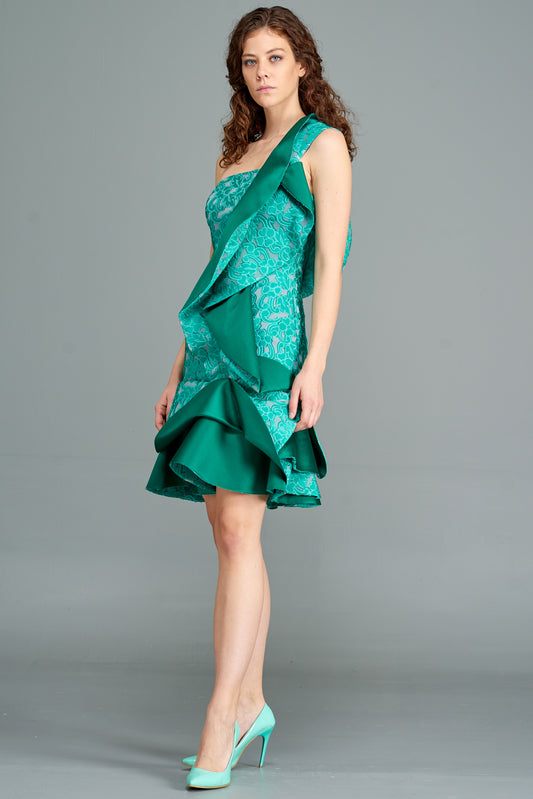 Ruffled Taffeta and Fil Coupe Short Dress