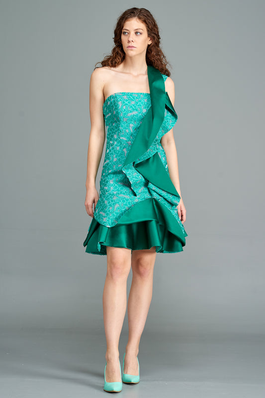 Ruffled Taffeta and Fil Coupe Short Dress