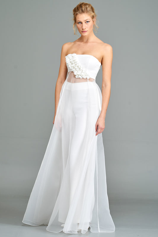 3D-Lower Aplique Sheer Long Top with High-Waist Classic Double Viscose Pant