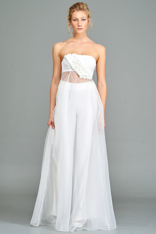 3D-Lower Aplique Sheer Long Top with High-Waist Classic Double Viscose Pant