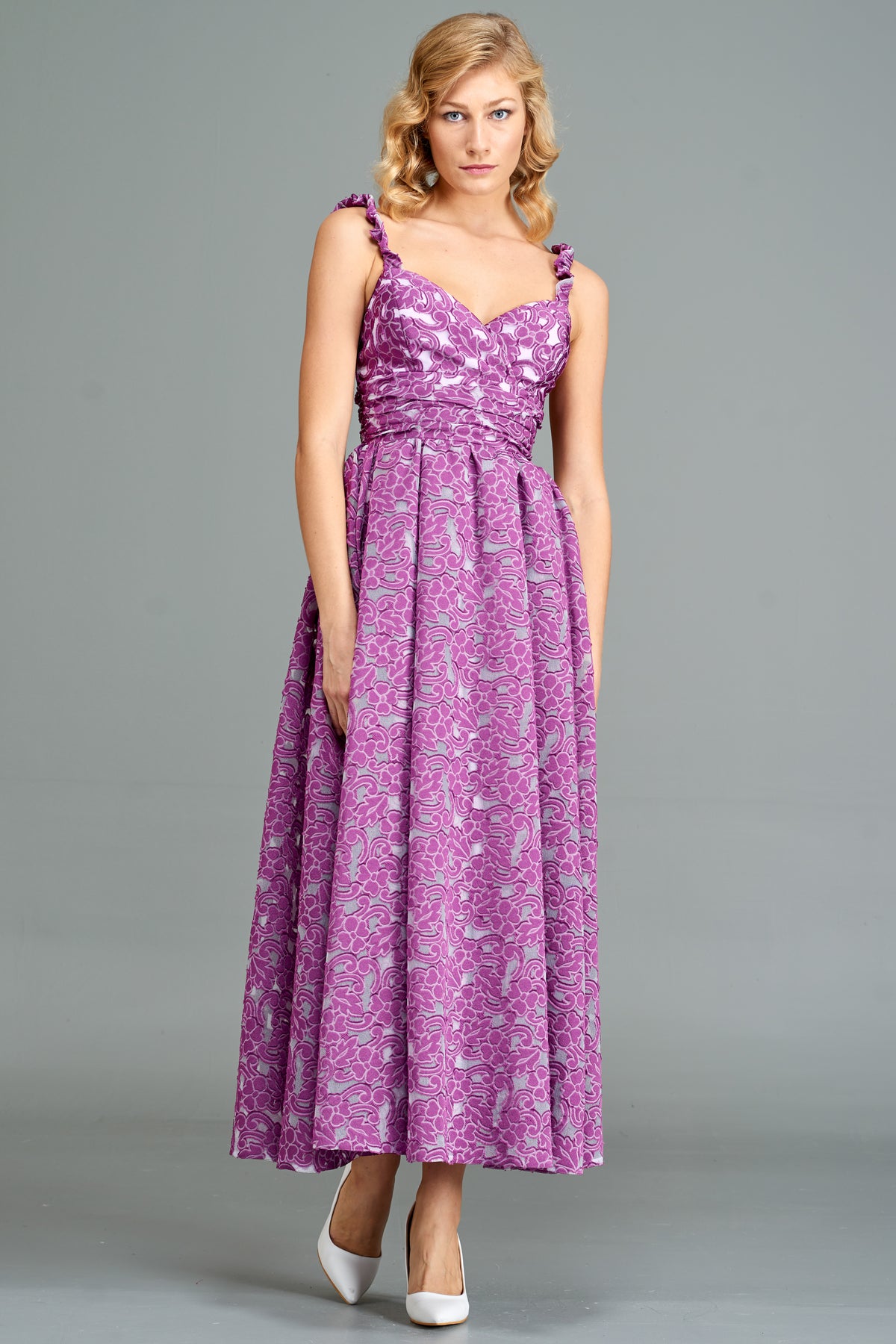 Draped and Pleated Fil Coupe Midi Dress