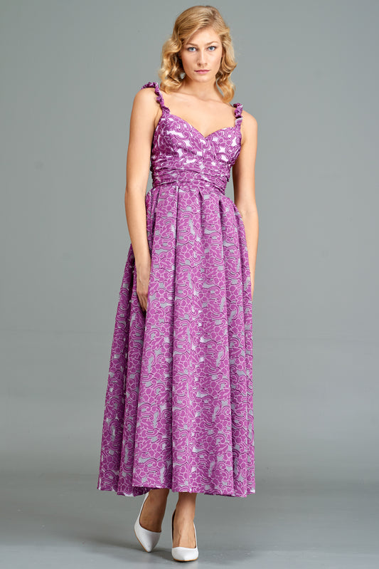 Draped and Pleated Fil Coupe Midi Dress