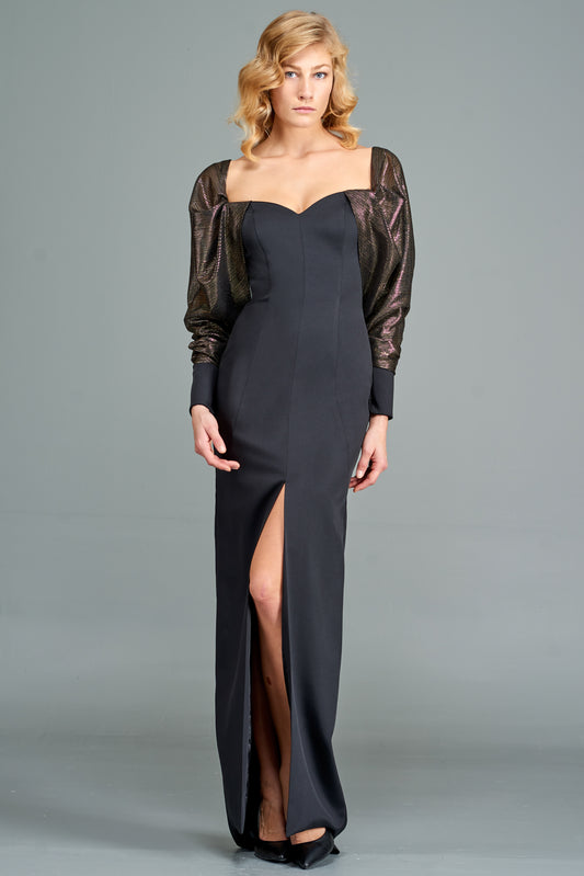 Draped Metallic Mesh and Faille Gown