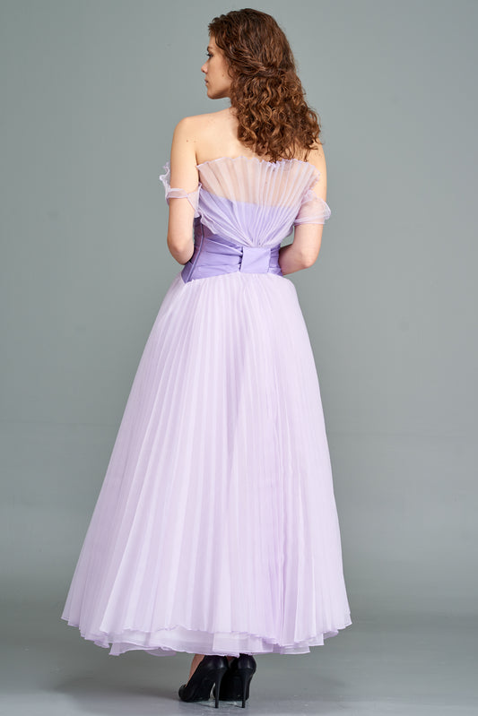 Taffeta Bow Detailed Pleated Organza Gown