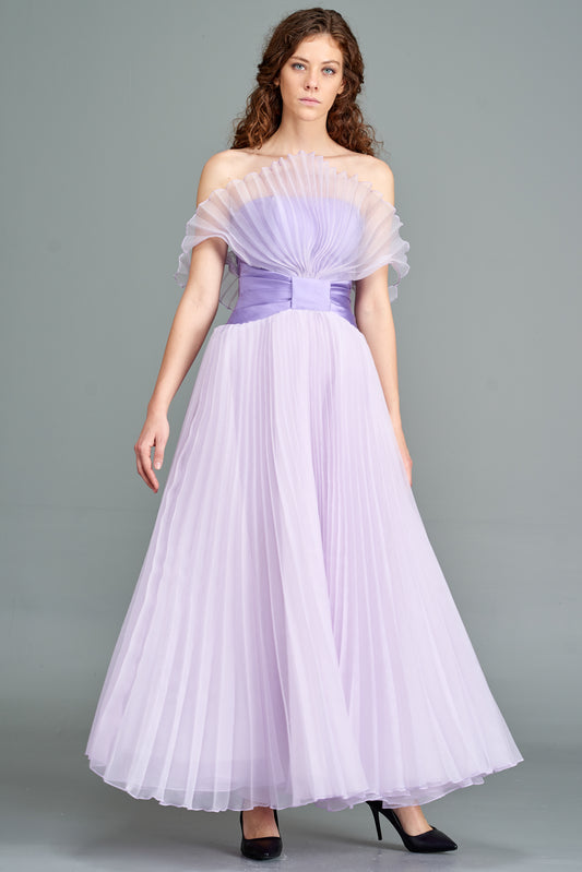 Taffeta Bow Detailed Pleated Organza Gown
