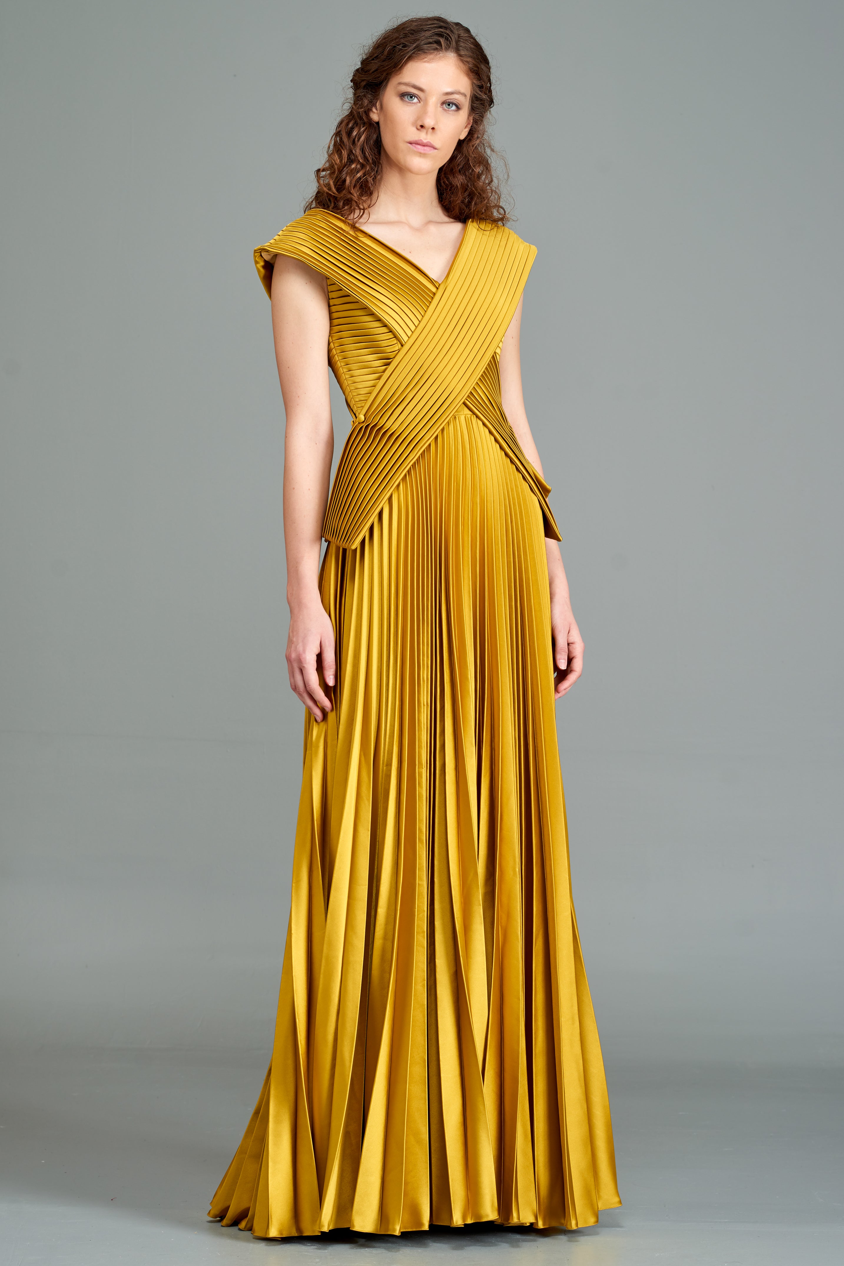 yellow pleated satin dress Yellow Halter V-Neck Pleated Satin Mermaid Long Prom Formal Dress Modsele