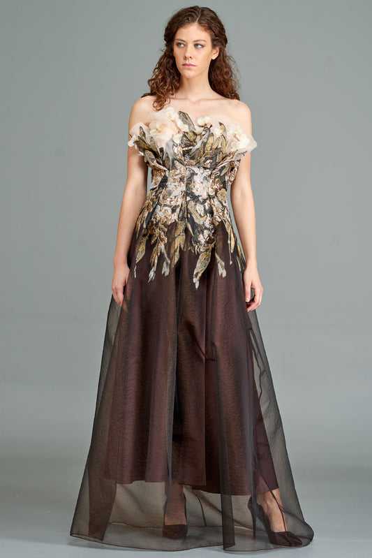 Draped Jacquard Gown