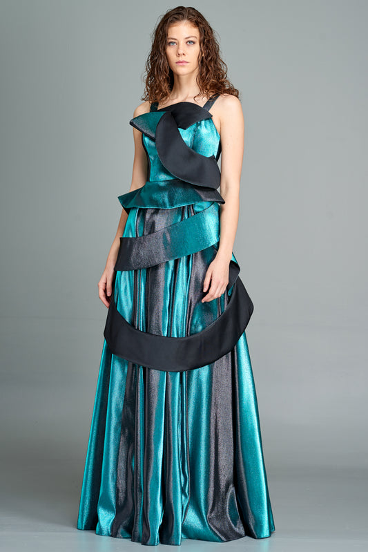 Paneled Metallic Jacquard Gown