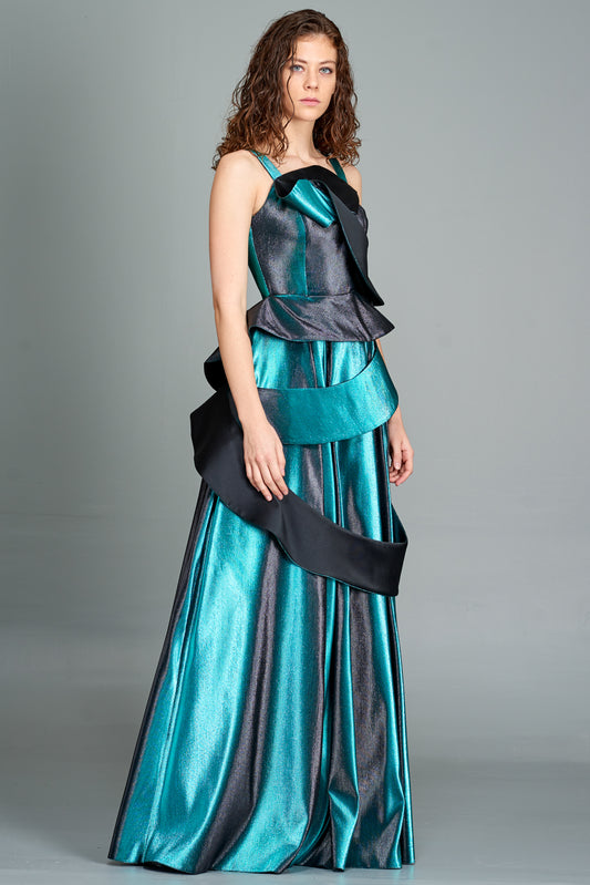 Paneled Metallic Jacquard Gown