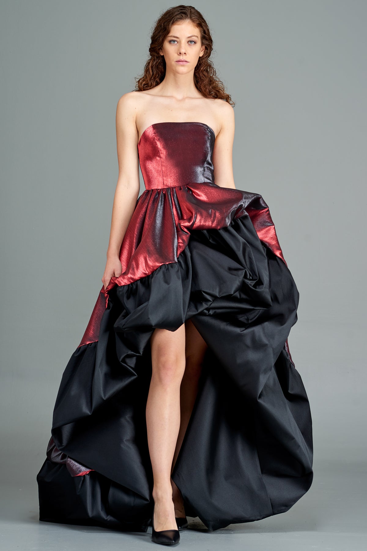 High-Low Metallic and Taffeta Balloon Gown