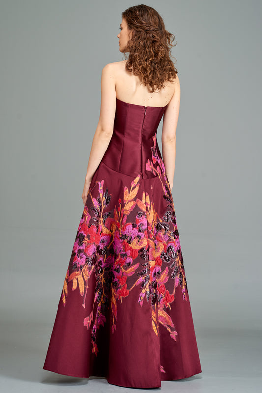 Flower Applique Taffeta Gown