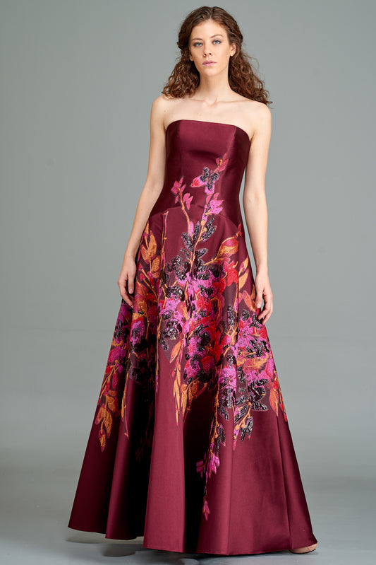 Flower Applique Taffeta Gown