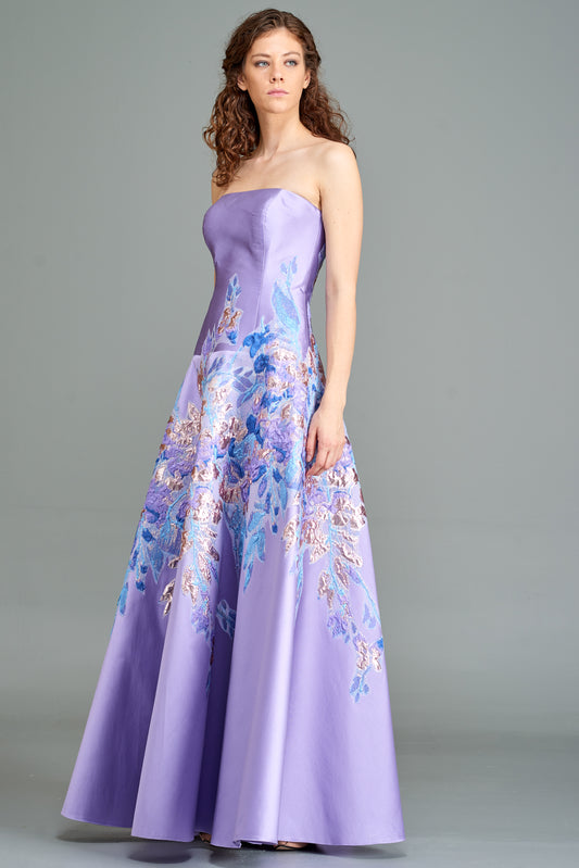 Strapless Jacquard Applique Gown