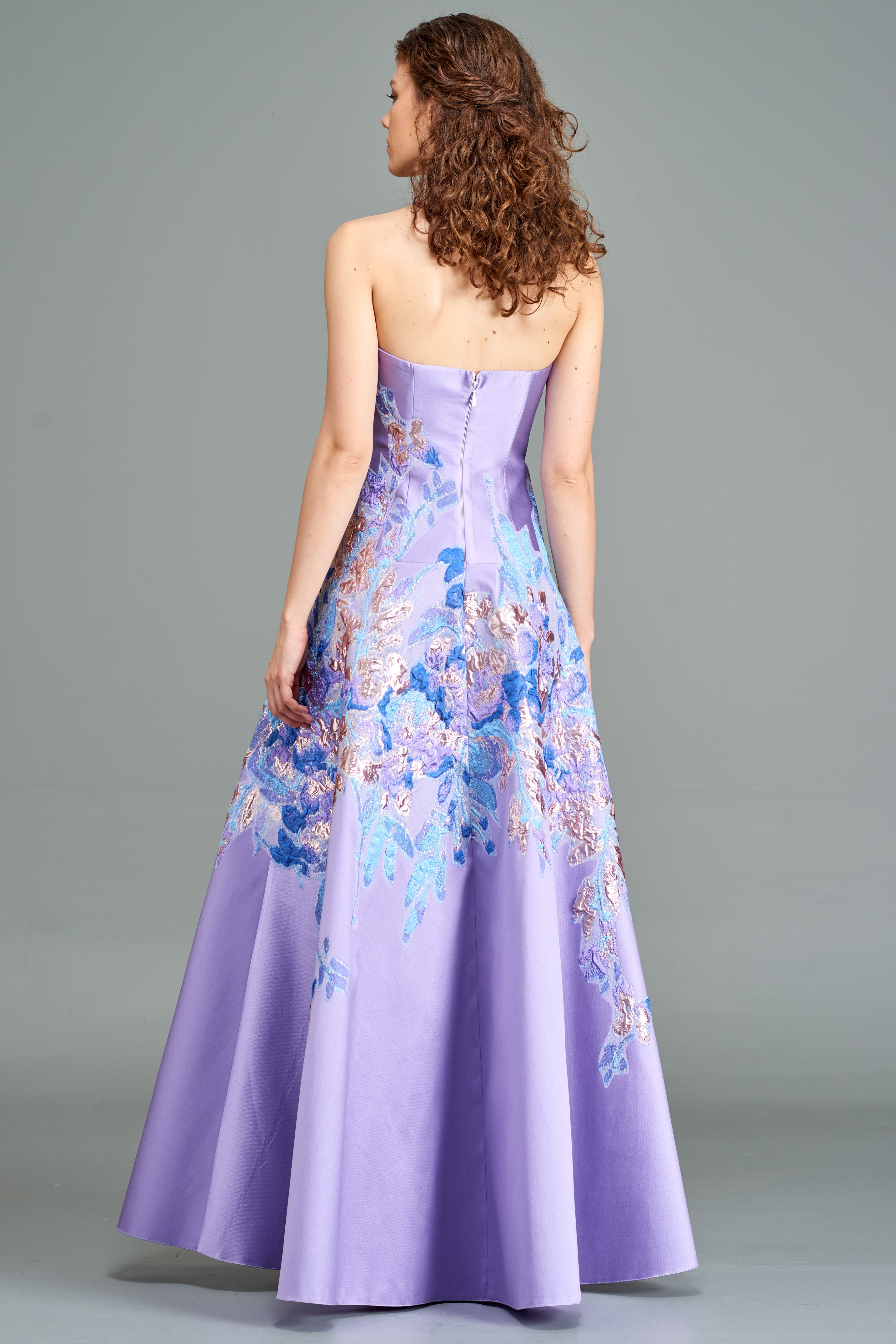 Strapless Jacquard Applique Gown Mustard