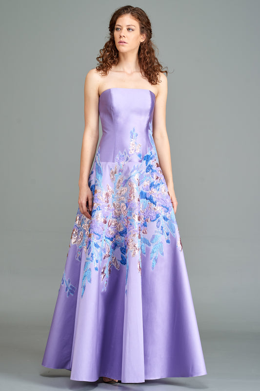 Strapless Jacquard Applique Gown