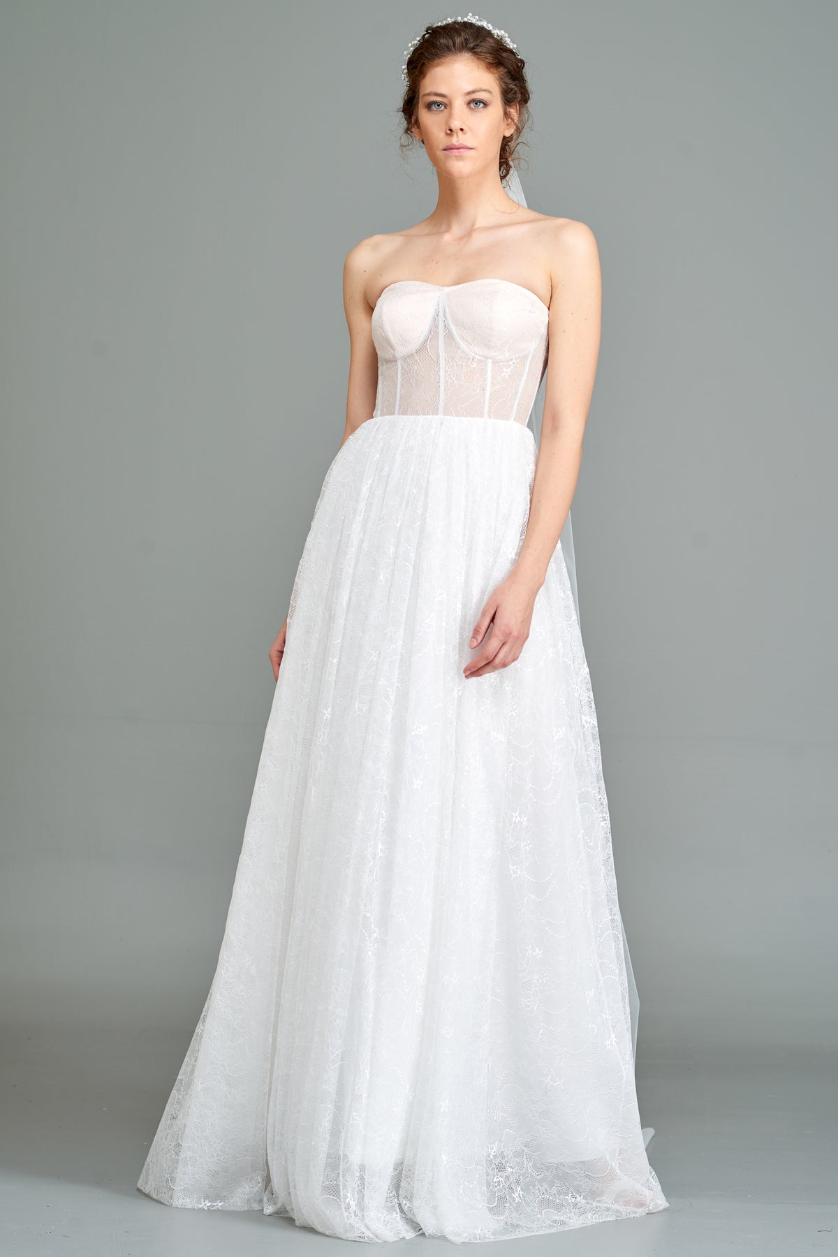 Sheer Bodice Lace Long Dress