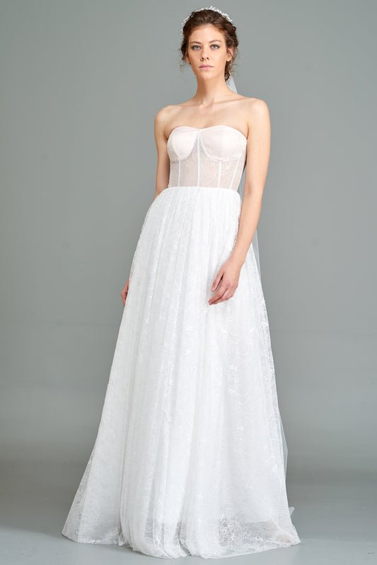 Sheer Bodice Lace Long Dress